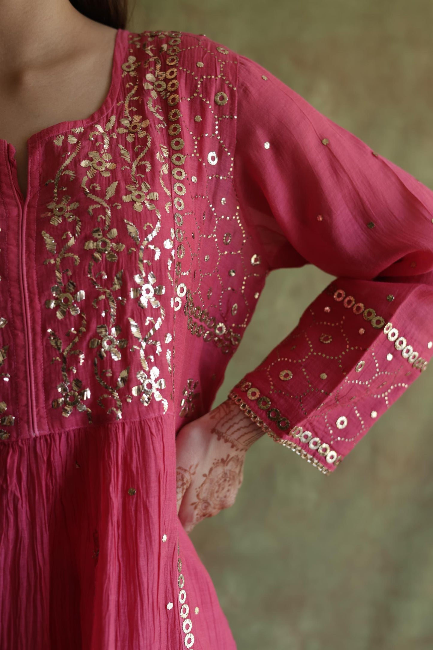 Hot Pink Mukaish Mul Chanderi Silk Ready To Wear Dress
