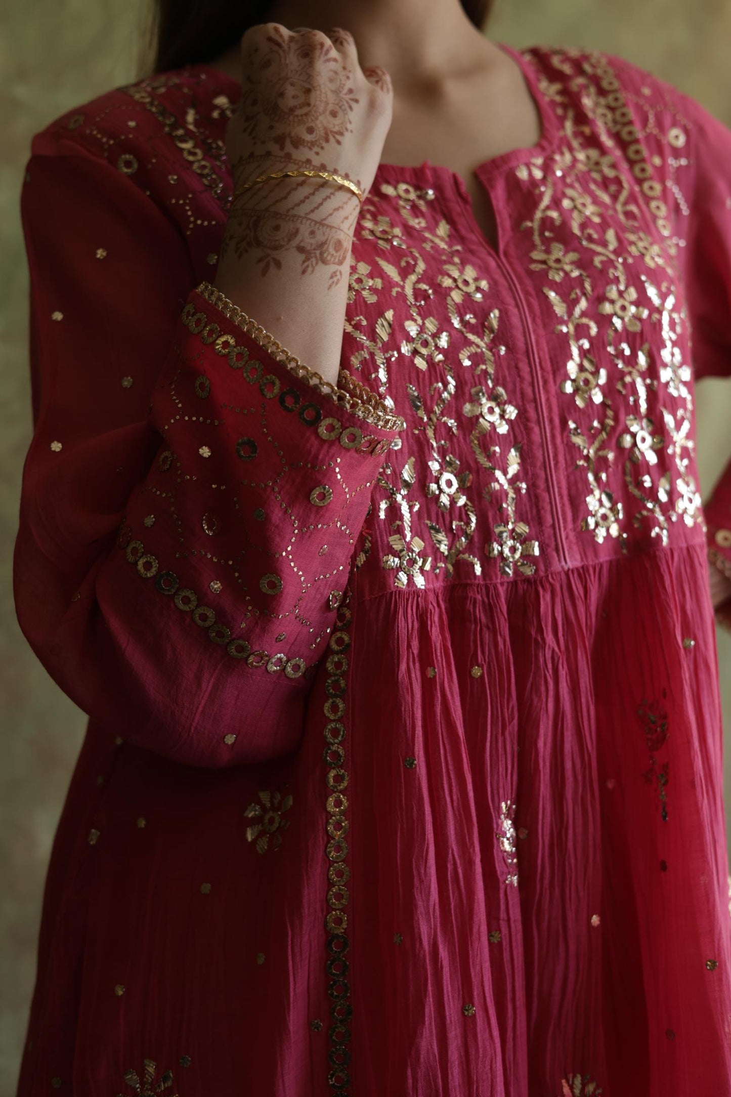 Hot Pink Mukaish Mul Chanderi Silk Ready To Wear Dress