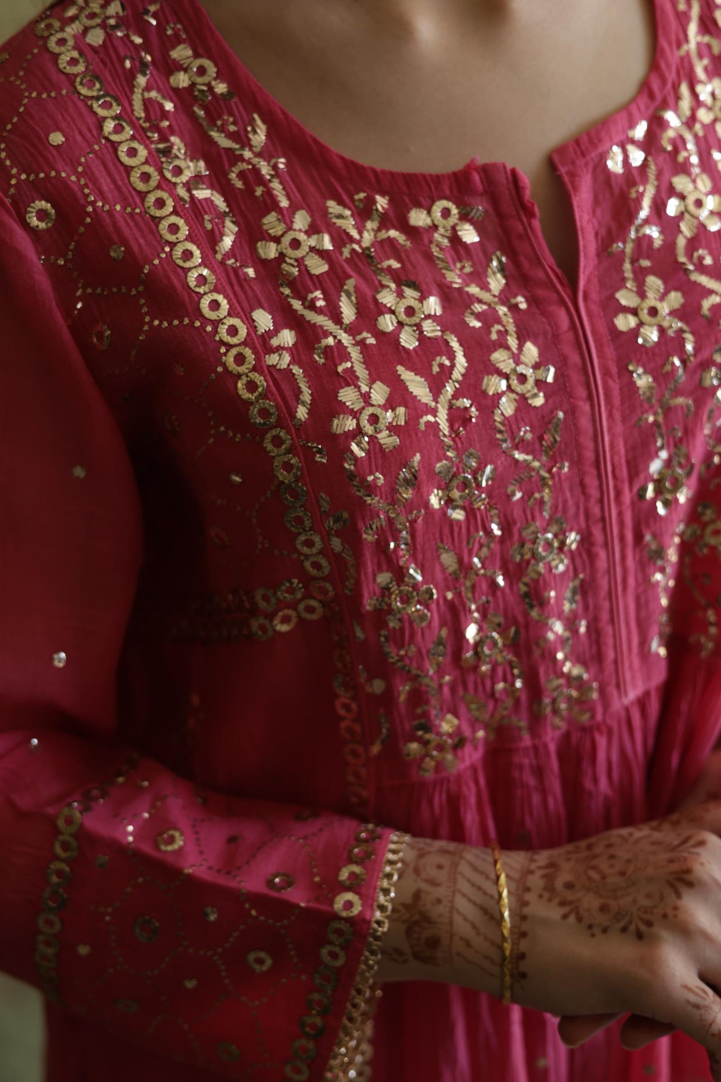 Hot Pink Mukaish Mul Chanderi Silk Ready To Wear Dress
