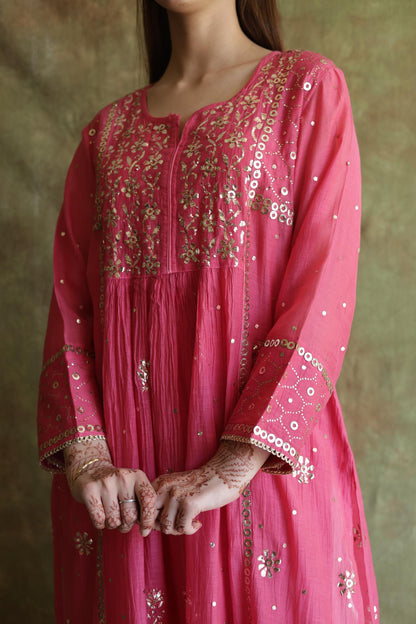 Hot Pink Mukaish Mul Chanderi Silk Ready To Wear Dress