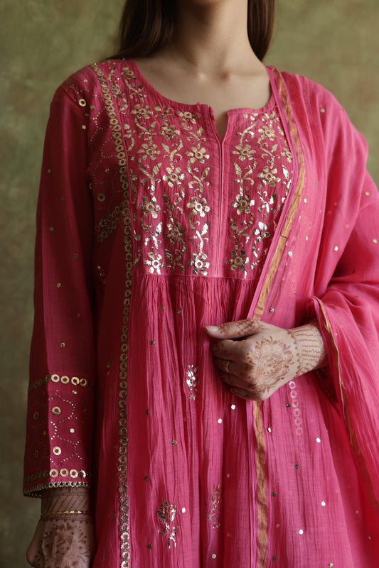 Hot Pink Mukaish Mul Chanderi Silk Ready To Wear Dress
