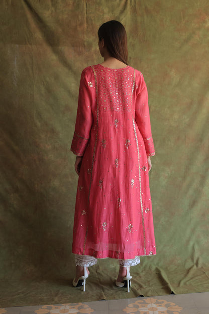 Hot Pink Mukaish Mul Chanderi Silk Ready To Wear Dress