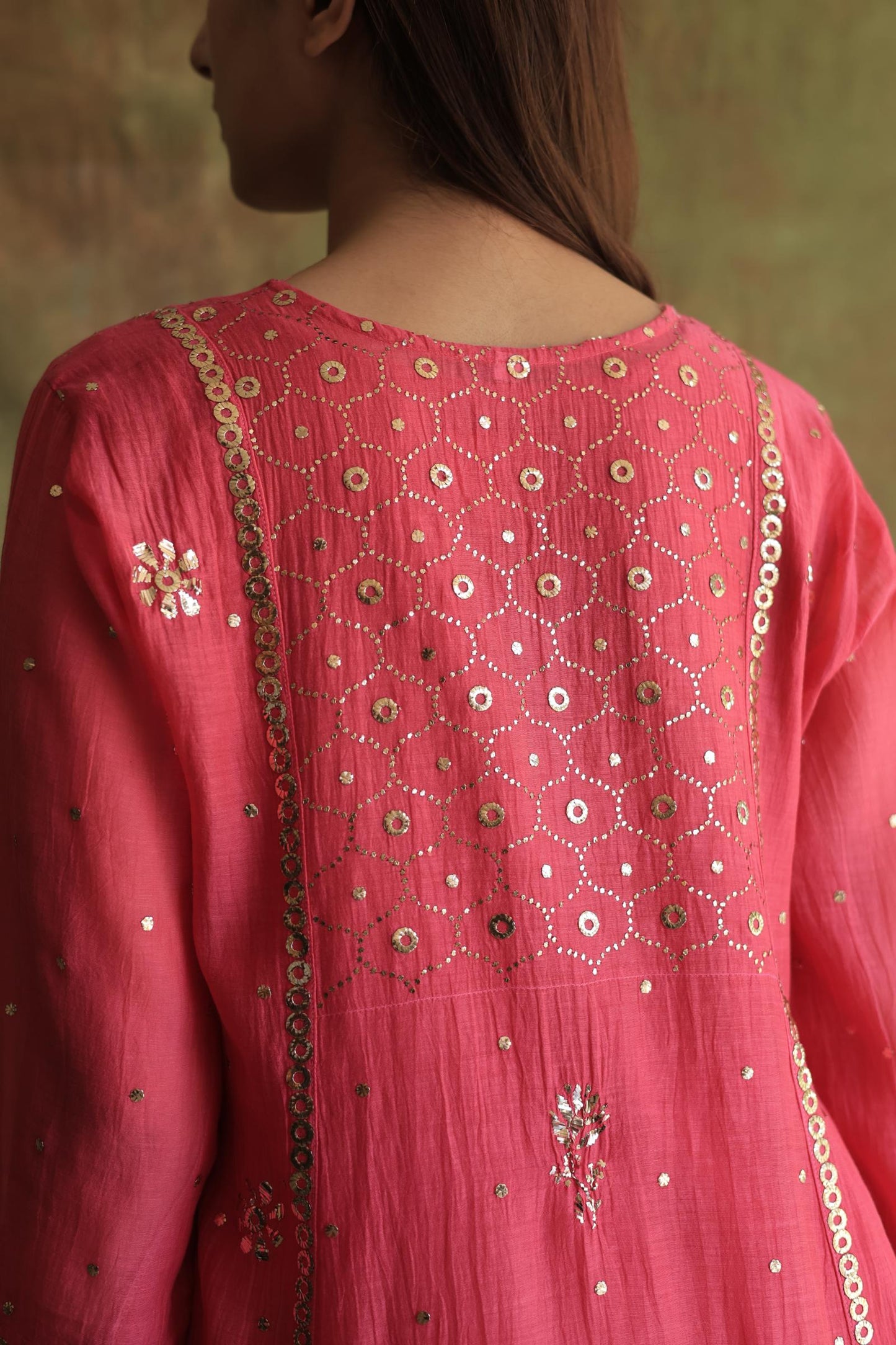 Hot Pink Mukaish Mul Chanderi Silk Ready To Wear Dress