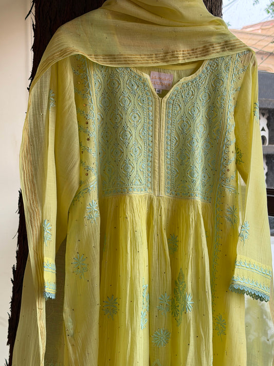 Yellow & Green Shade Malmal Mukaish Kamdani Chikankari Stitched Kurta Dupatta Set