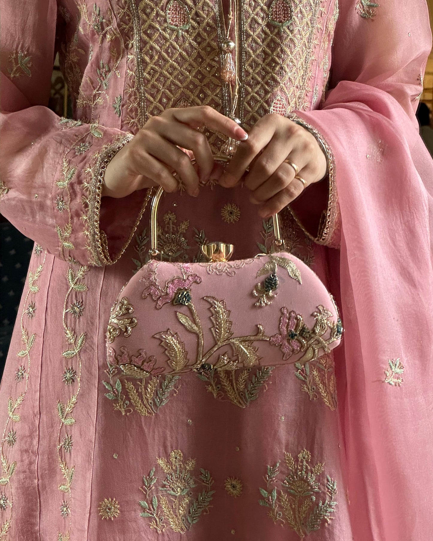 Pastel Pink Magnolia Chikankari With Ari Work Sling Clutch