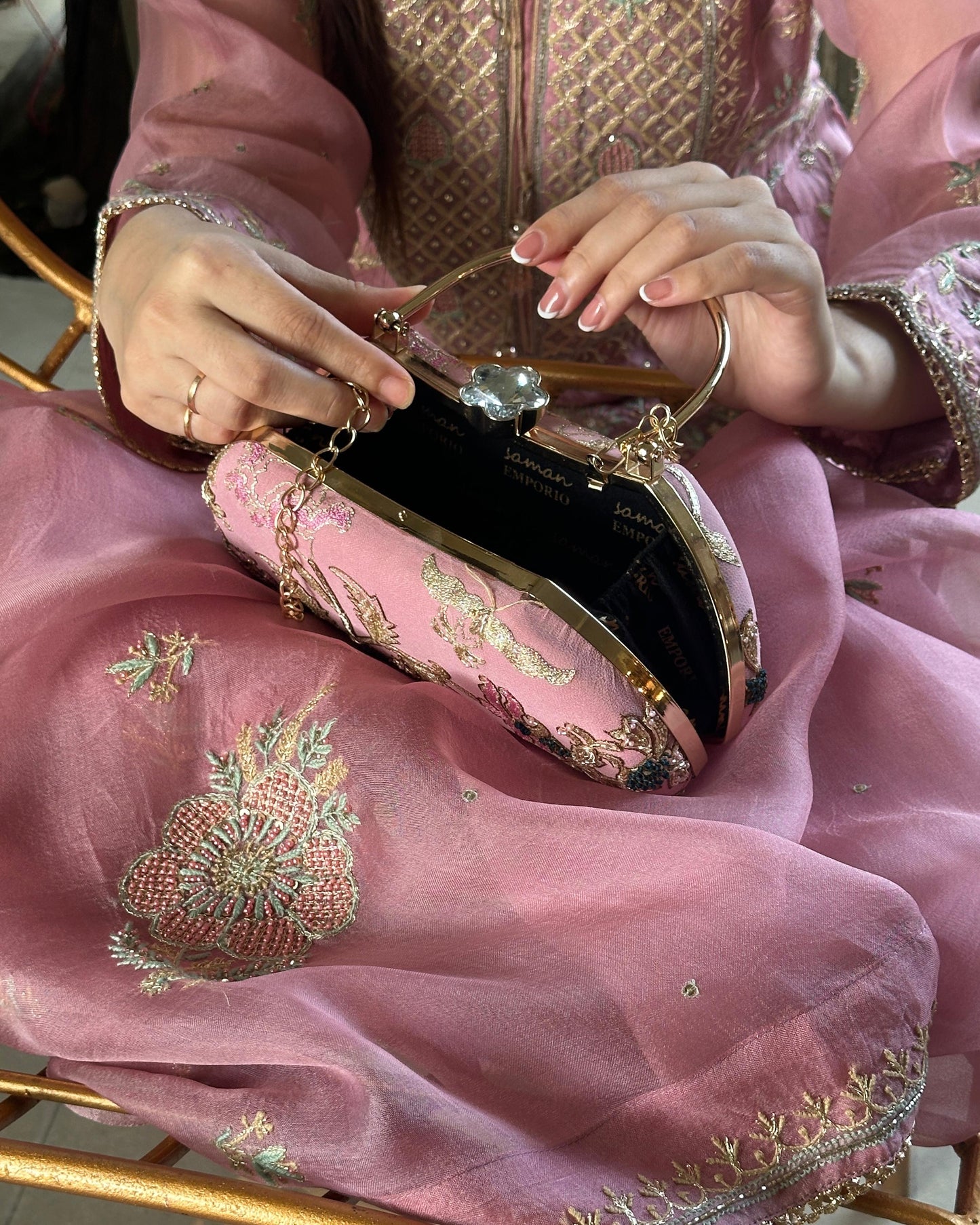 Pastel Pink Magnolia Chikankari With Ari Work Sling Clutch