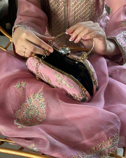 Pastel Pink Magnolia Chikankari With Ari Work Sling Clutch
