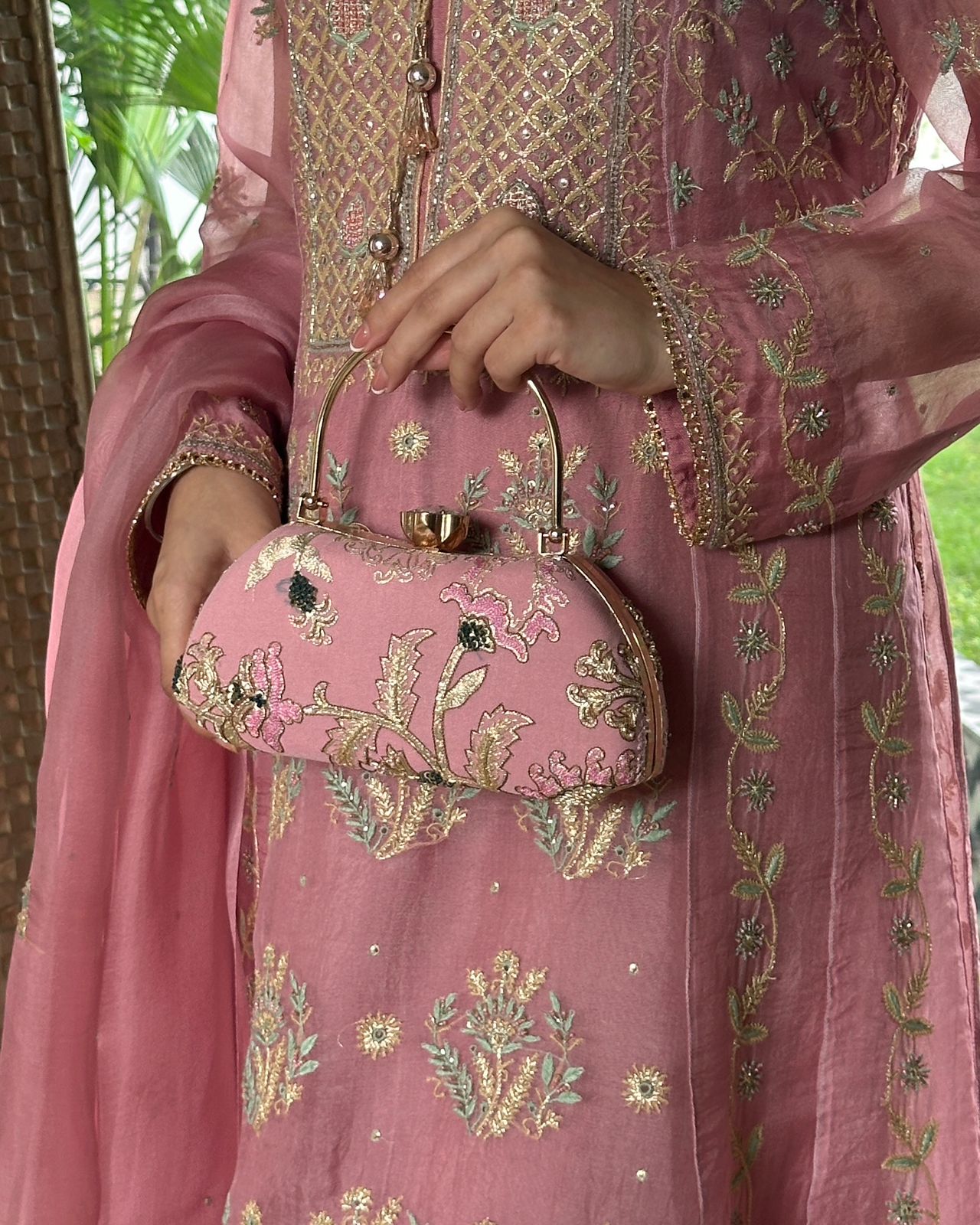 Pastel Pink Magnolia Chikankari With Ari Work Sling Clutch
