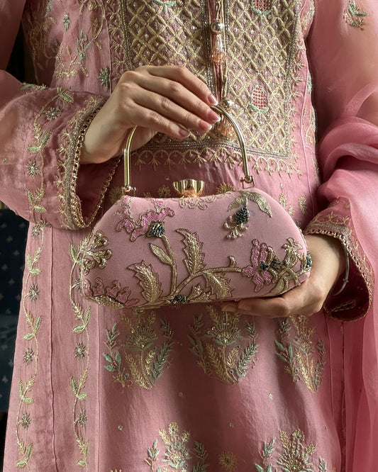 Pastel Pink Magnolia Chikankari With Ari Work Sling Clutch