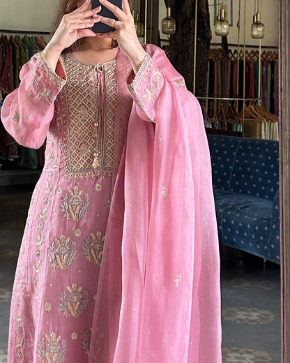 Candy Pink Noor Organza Chikankari Anarkali With Dupatta