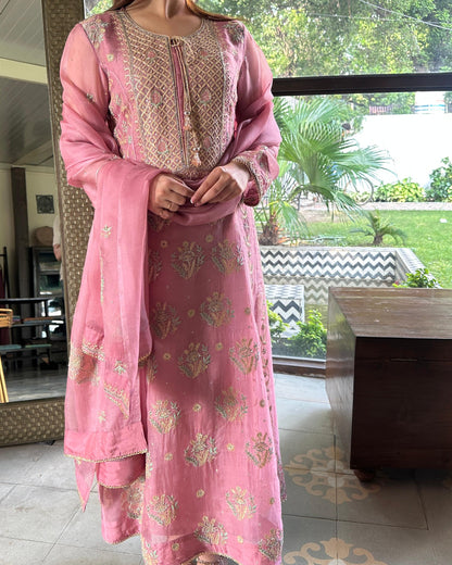 Candy Pink Noor Organza Chikankari Anarkali With Dupatta