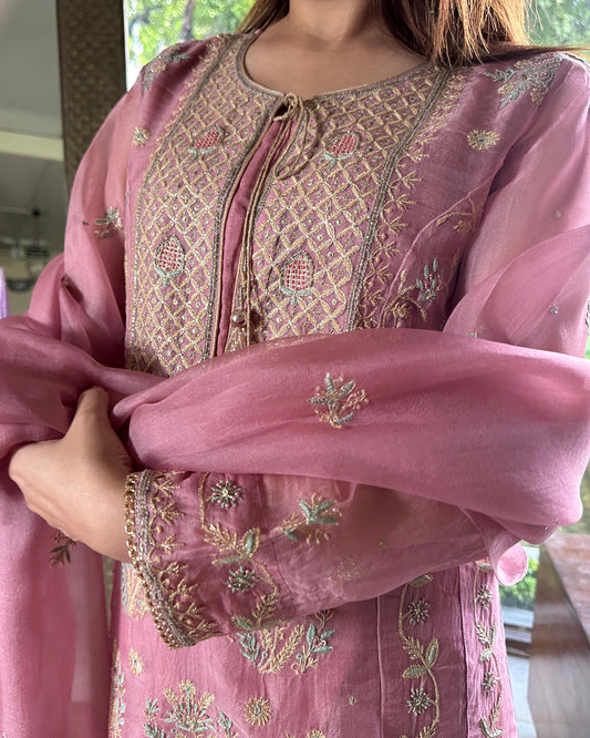 Candy Pink Noor Organza Chikankari Anarkali With Dupatta