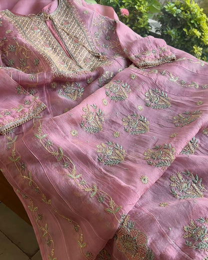 Candy Pink Noor Organza Chikankari Anarkali With Dupatta
