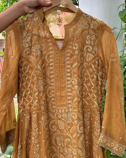 Mustard Yellow Tissue Silk Chikankari Anarkali