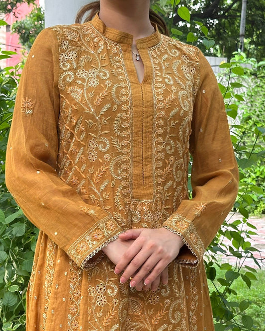 Mustard Yellow Tissue Silk Chikankari Anarkali