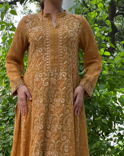 Mustard Yellow Tissue Silk Chikankari Anarkali