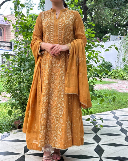 Mustard Yellow Tissue Silk Chikankari Anarkali