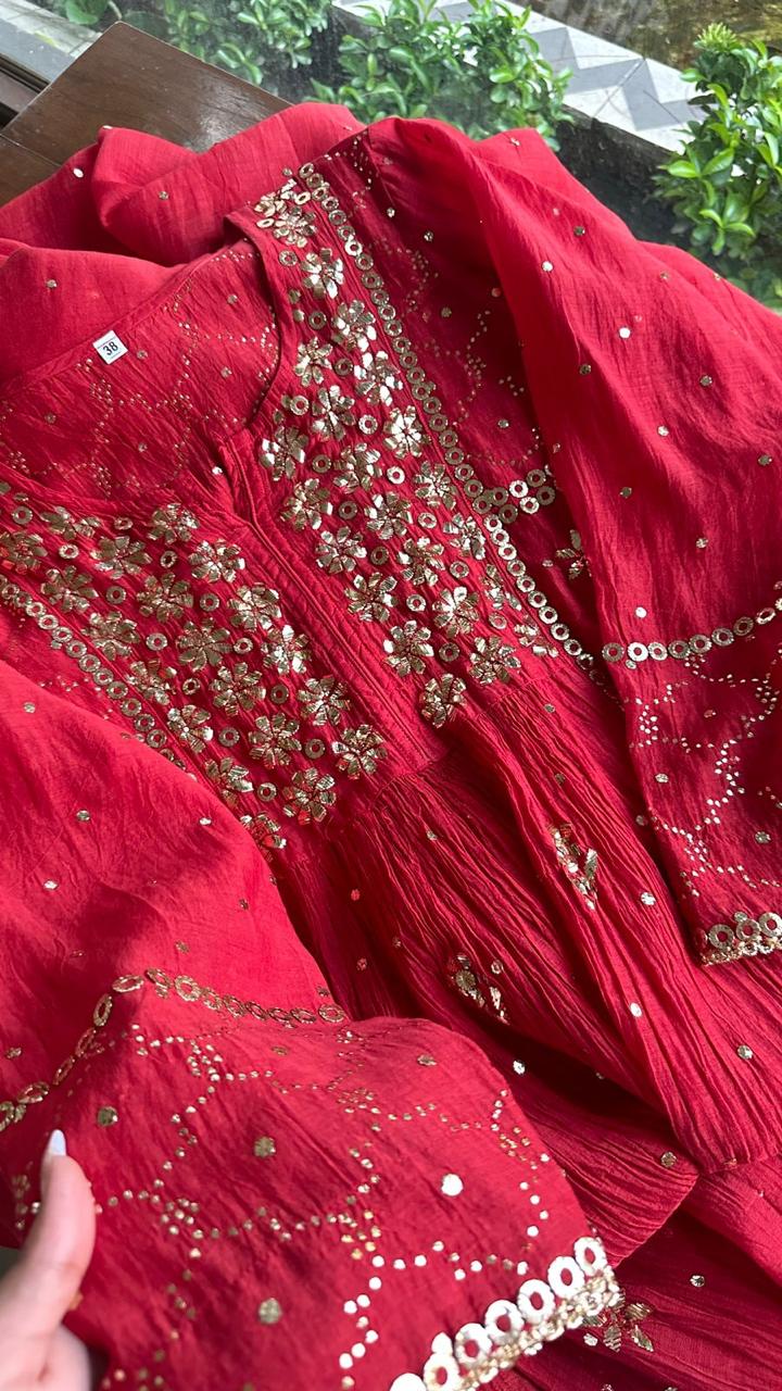 Red Mukaish Mul Chanderi Silk Dress