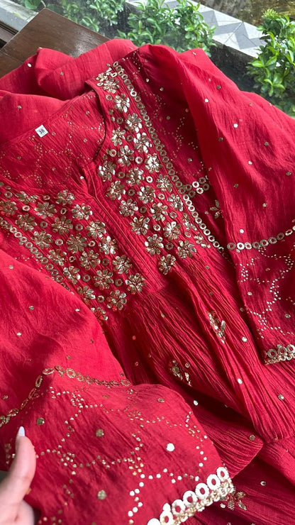 Red Mukaish Mul Chanderi Silk Dress