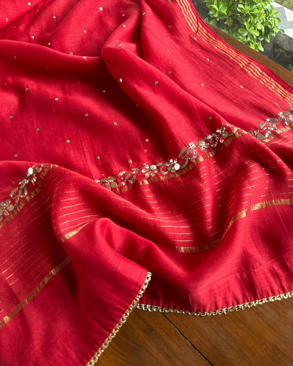 Red Mukaish Mul Chanderi Silk Dress