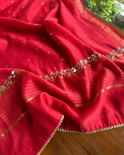 Red Mukaish Mul Chanderi Silk Dress