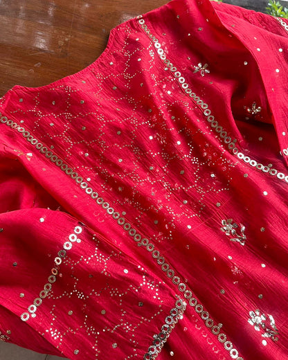 Red Mukaish Mul Chanderi Silk Dress