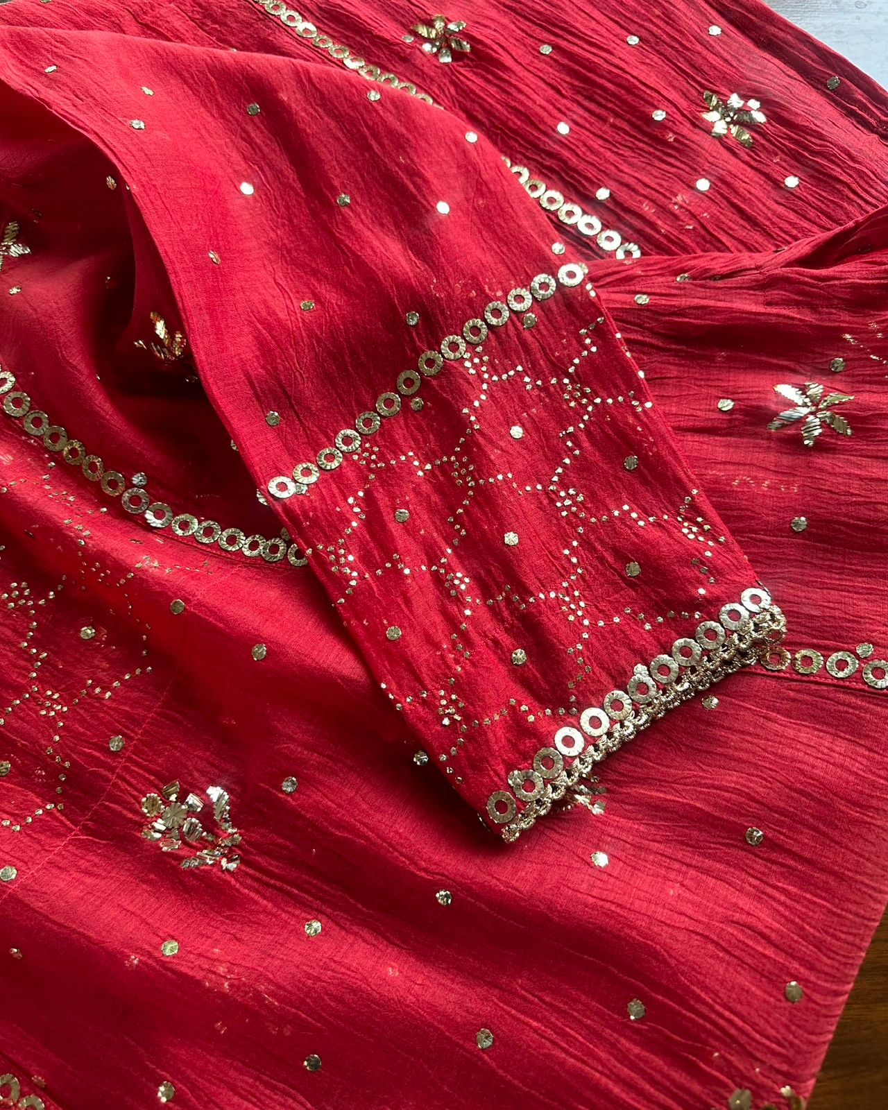 Red Mukaish Mul Chanderi Silk Dress