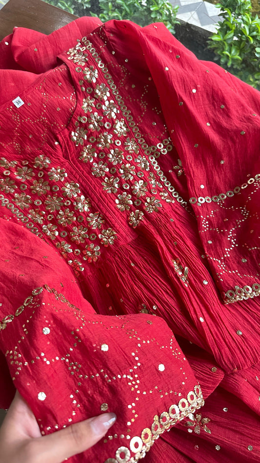 Red Mukaish Mul Chanderi Silk Dress