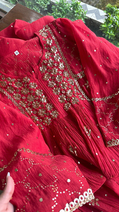 Red Mukaish Mul Chanderi Silk Dress
