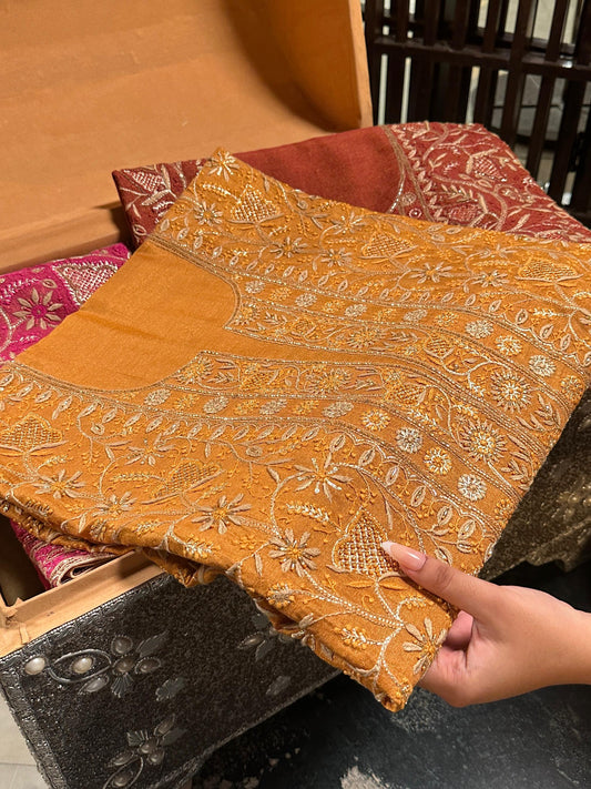 Gold Shade Tissue Silk Chikankari Unstitched Fabric