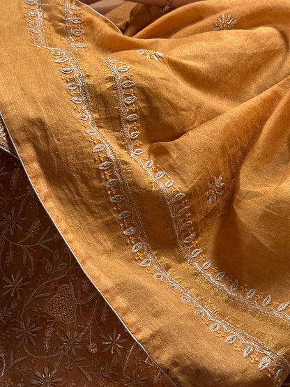 Gold Shade Tissue Silk Chikankari Unstitched Fabric