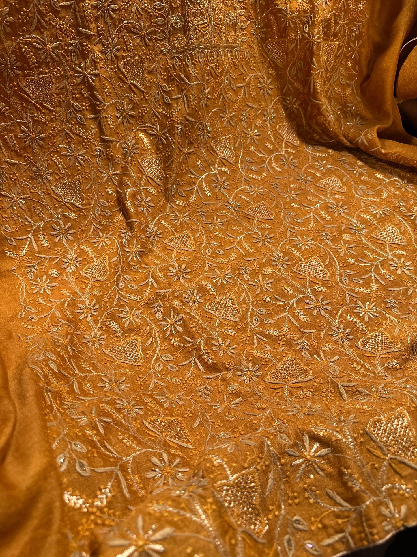 Gold Shade Tissue Silk Chikankari Unstitched Fabric