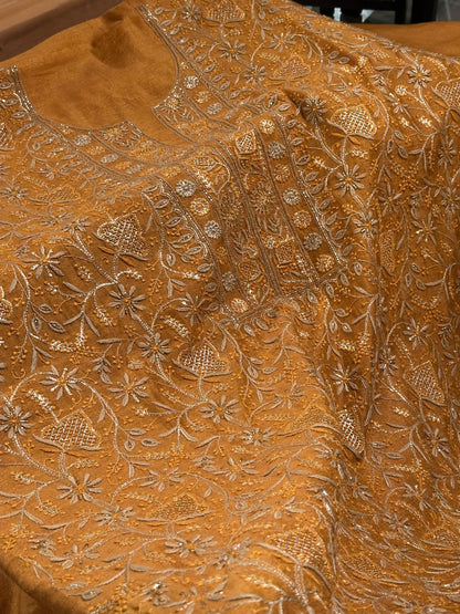 Gold Shade Tissue Silk Chikankari Unstitched Fabric