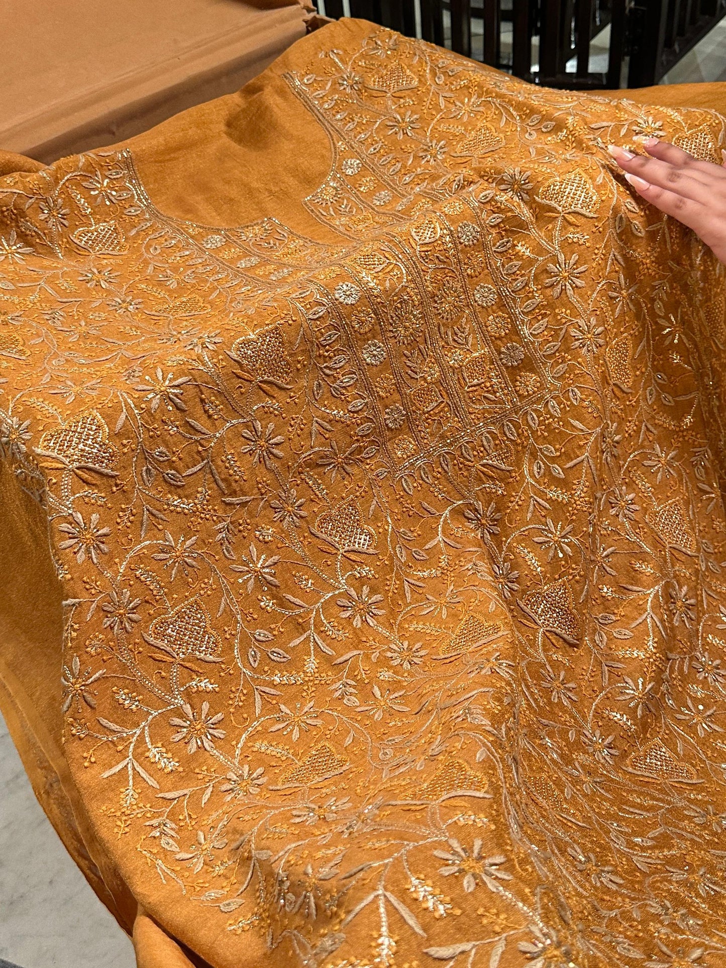 Gold Shade Tissue Silk Chikankari Unstitched Fabric