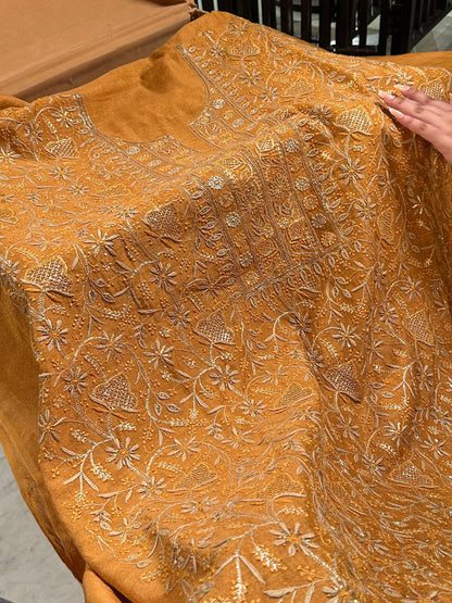 Gold Shade Tissue Silk Chikankari Unstitched Fabric