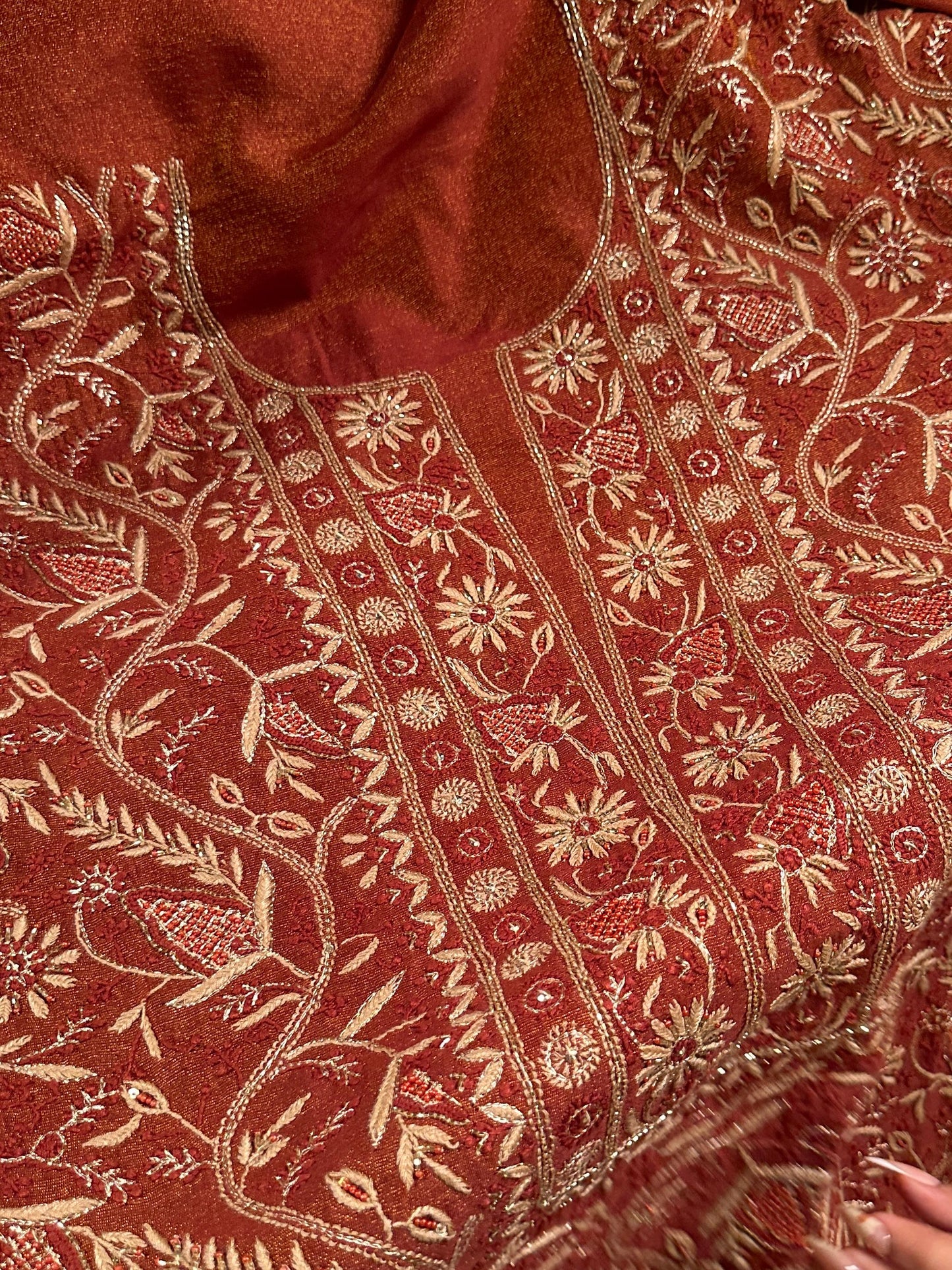 Rust Shade Tissue Silk Chikankari Unstitched Fabric