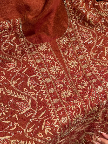 Rust Shade Tissue Silk Chikankari Unstitched Fabric