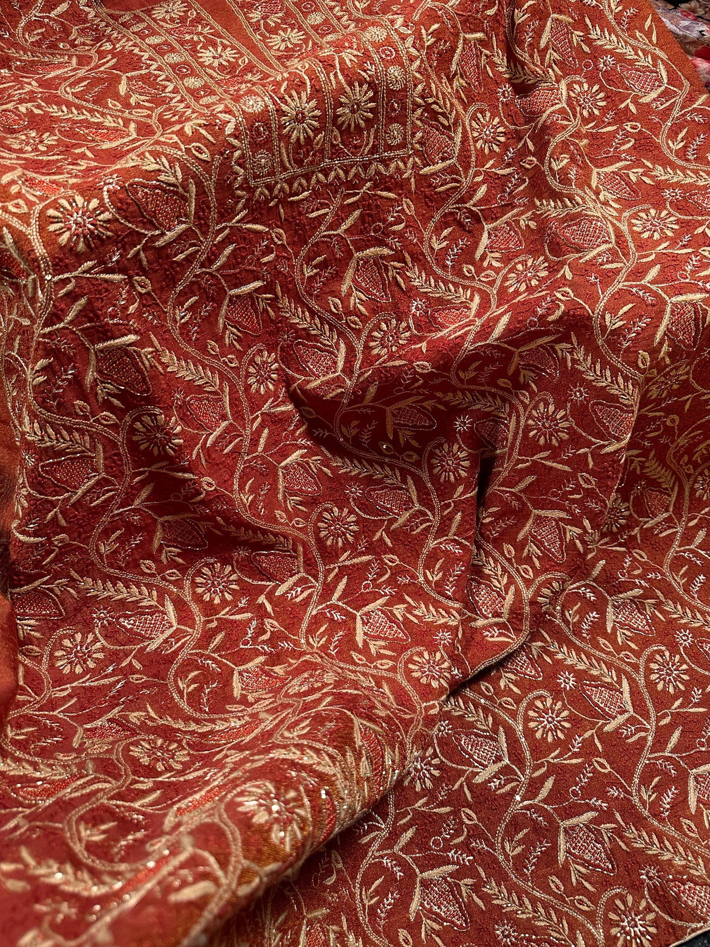 Rust Shade Tissue Silk Chikankari Unstitched Fabric