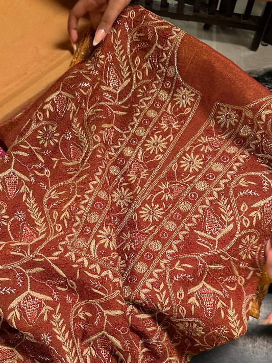 Rust Shade Tissue Silk Chikankari Unstitched Fabric