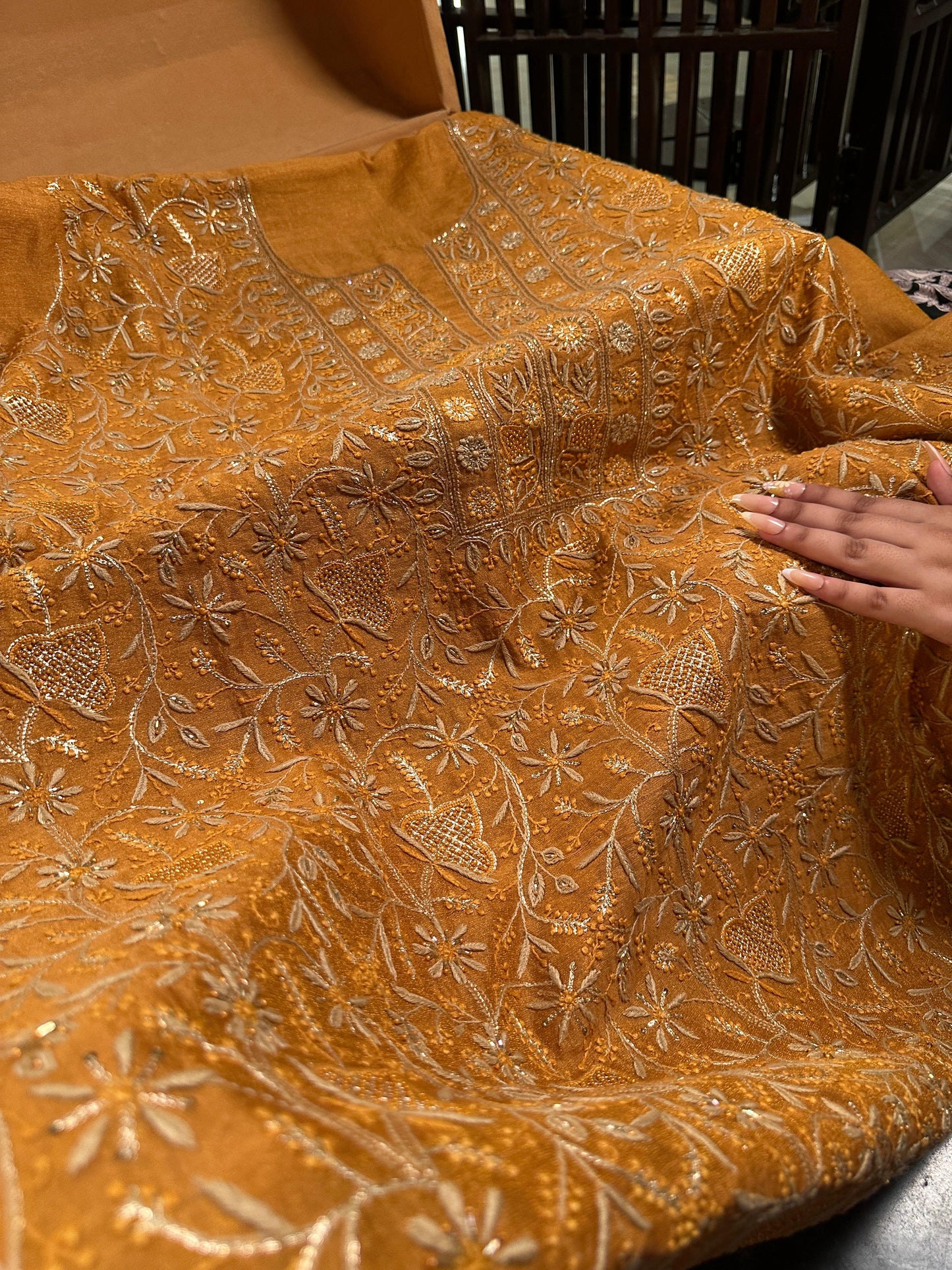 Gold Shade Tissue Silk Chikankari Unstitched Fabric