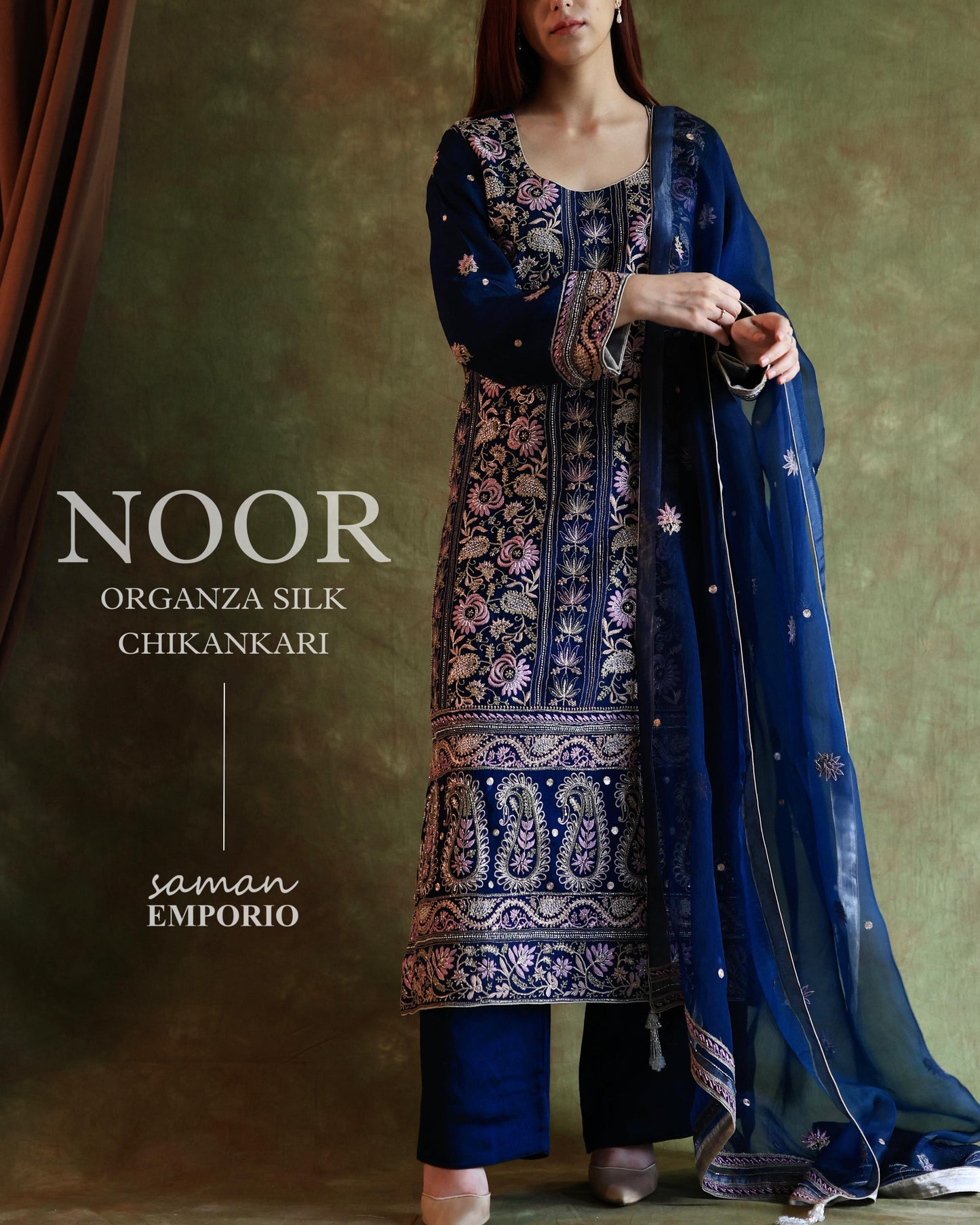 Blue Banarasi Noor Organza Chikankari Kurta With Dupatta