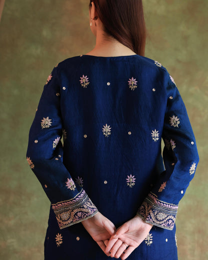 Blue Banarasi Noor Organza Chikankari Kurta With Dupatta