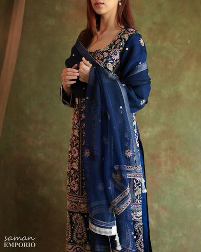 Blue Banarasi Noor Organza Chikankari Kurta With Dupatta
