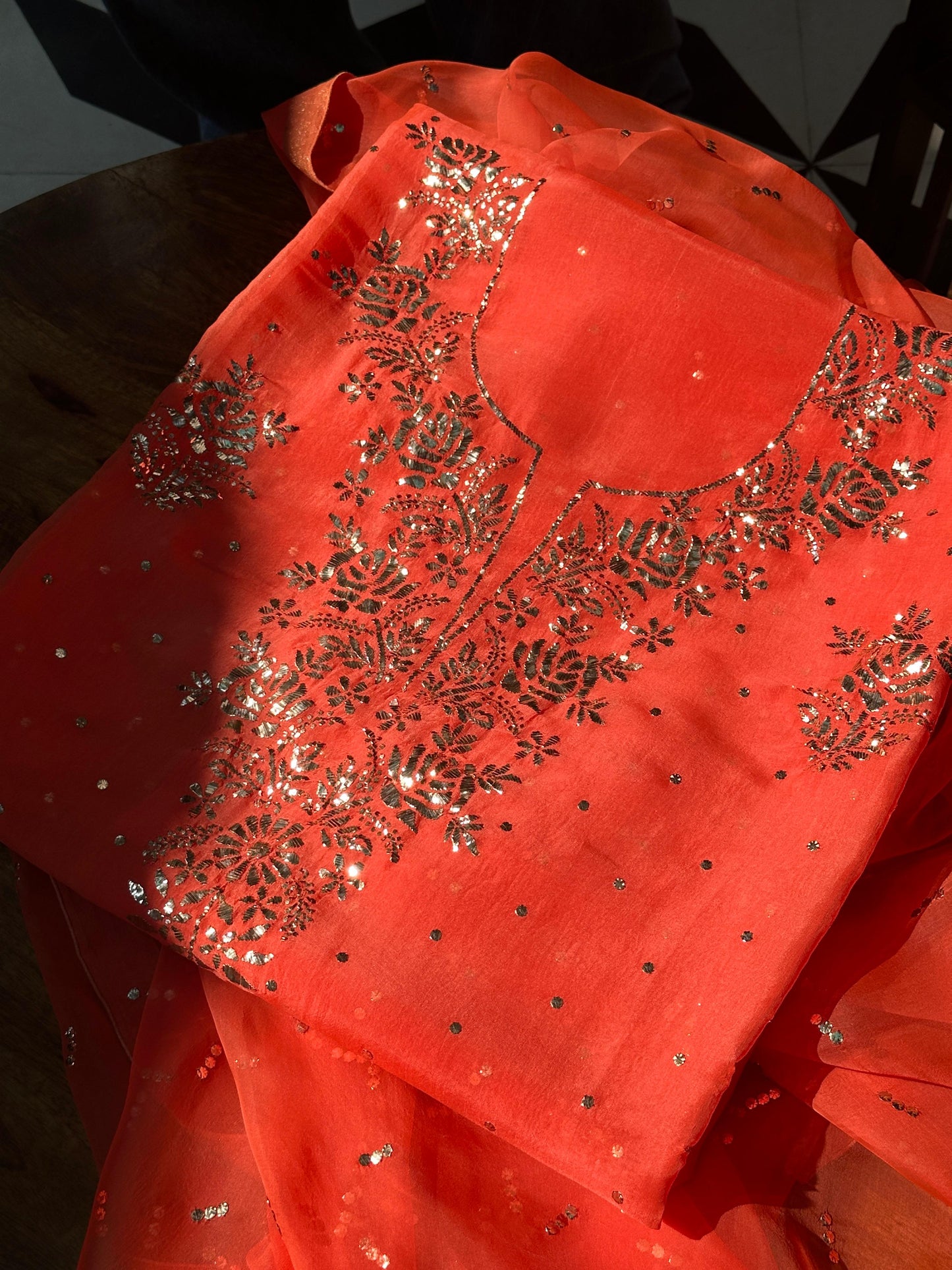 Neon Orange Noor Organza Silk Mukaish Badla Unstitched Kurta Dupatta Set