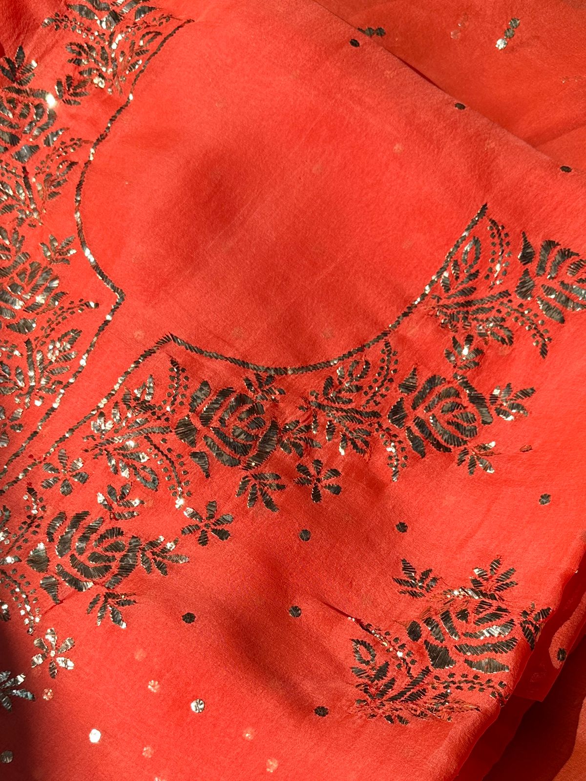 Neon Orange Noor Organza Silk Mukaish Badla Unstitched Kurta Dupatta Set