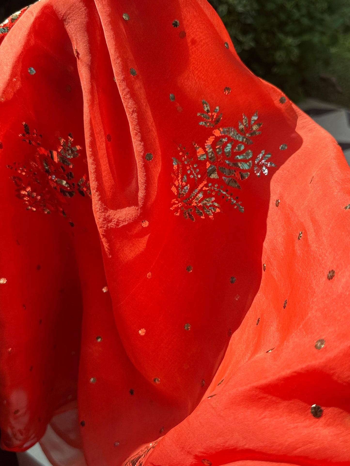 Neon Orange Noor Organza Silk Mukaish Badla Unstitched Kurta Dupatta Set