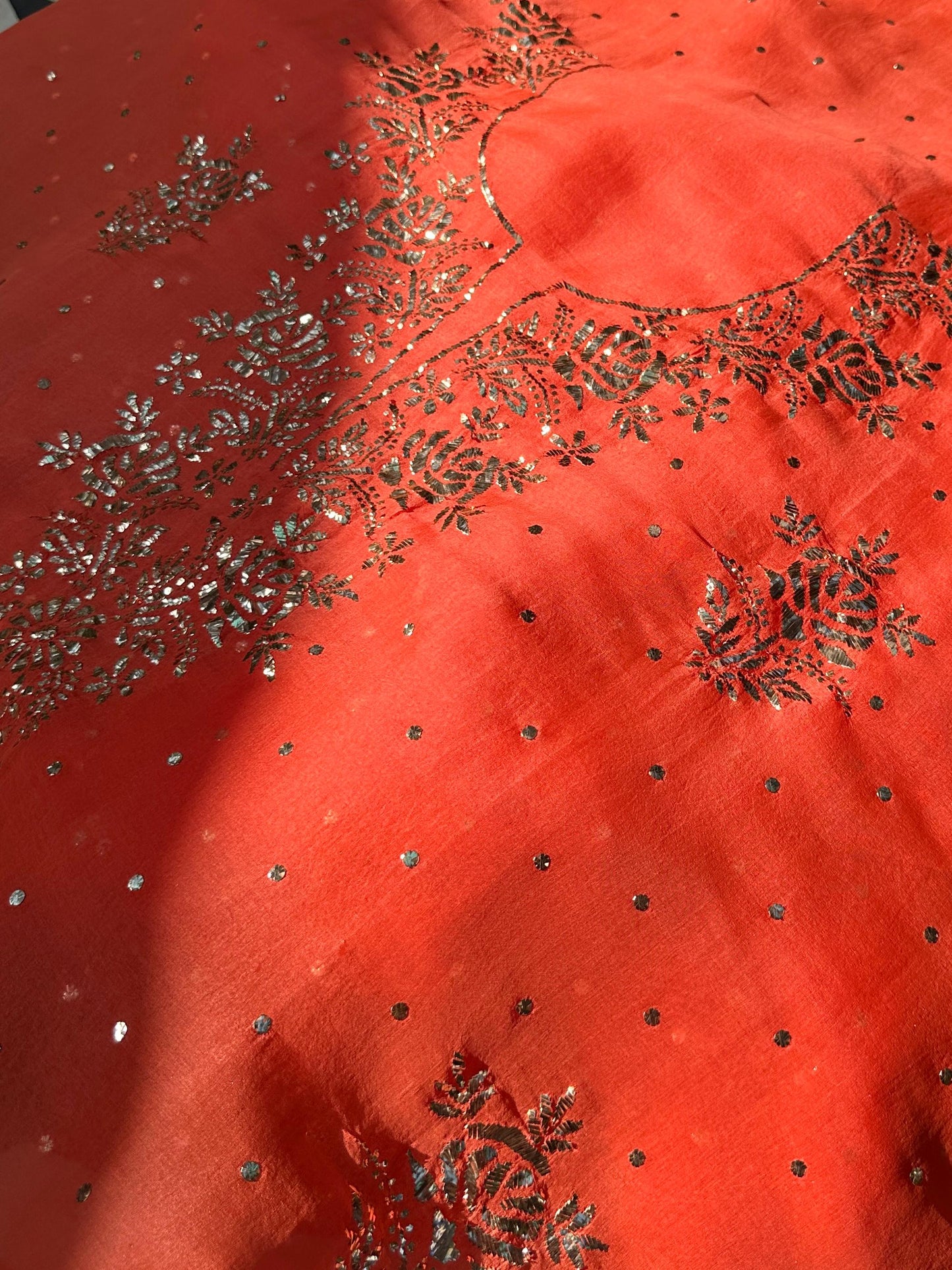 Neon Orange Noor Organza Silk Mukaish Badla Unstitched Kurta Dupatta Set