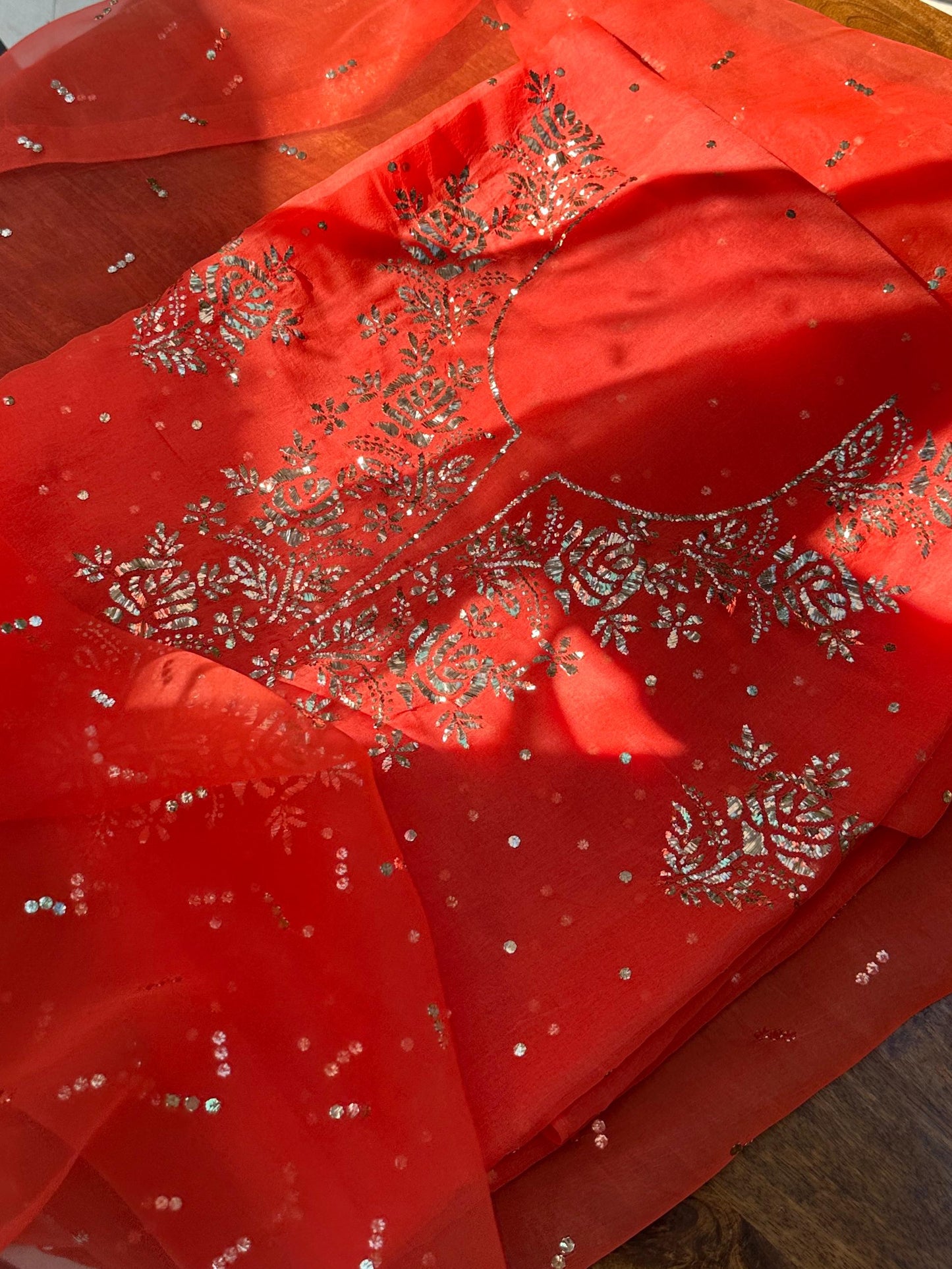 Neon Orange Noor Organza Silk Mukaish Badla Unstitched Kurta Dupatta Set