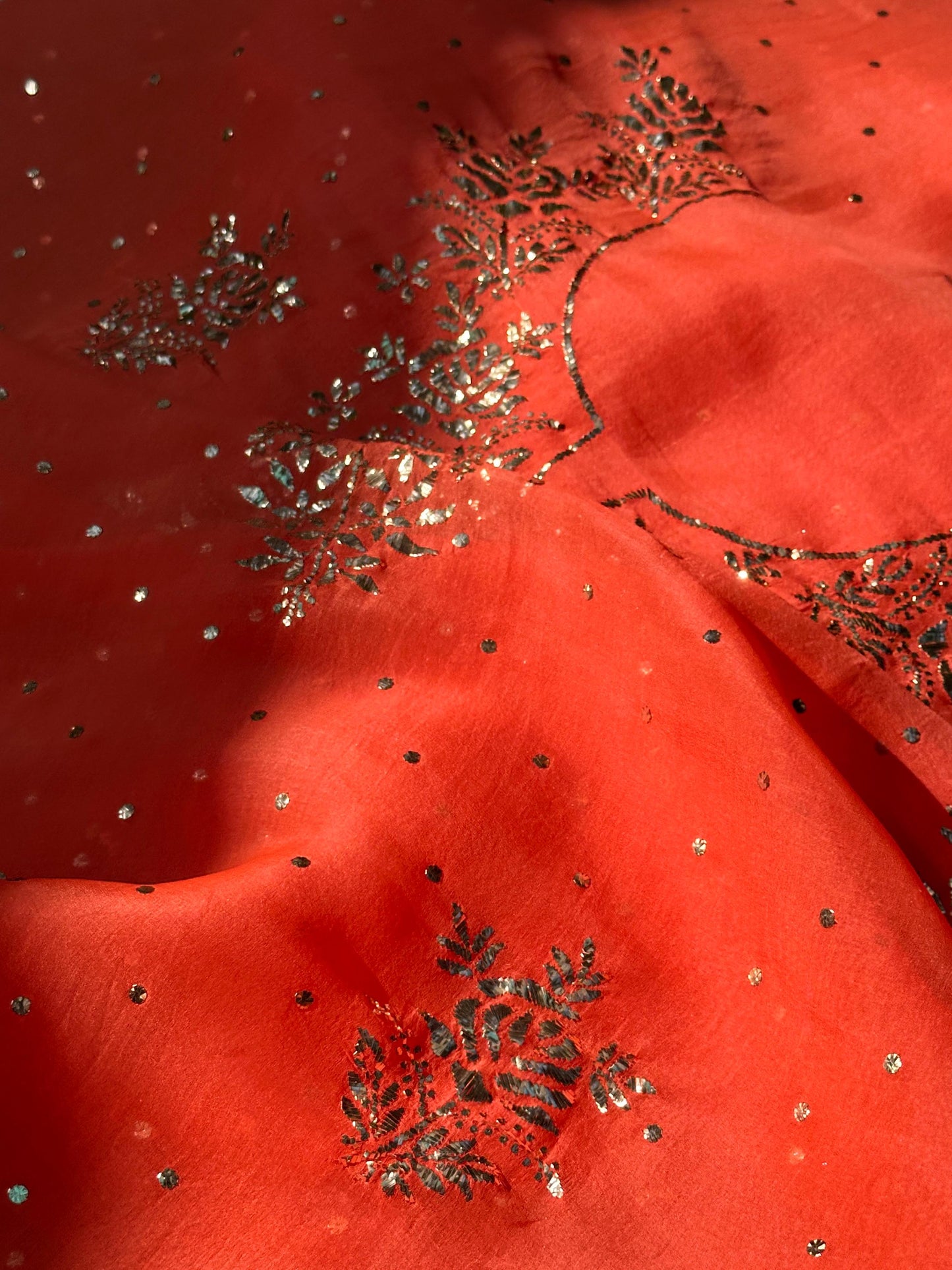 Neon Orange Noor Organza Silk Mukaish Badla Unstitched Kurta Dupatta Set