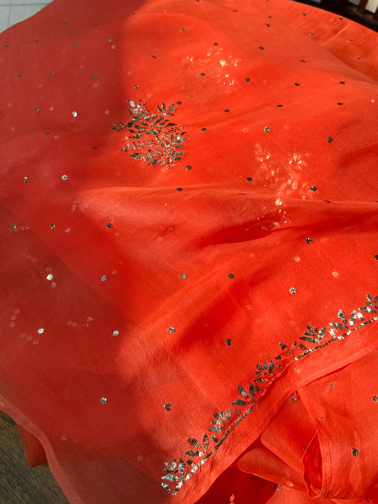 Neon Orange Noor Organza Silk Mukaish Badla Unstitched Kurta Dupatta Set